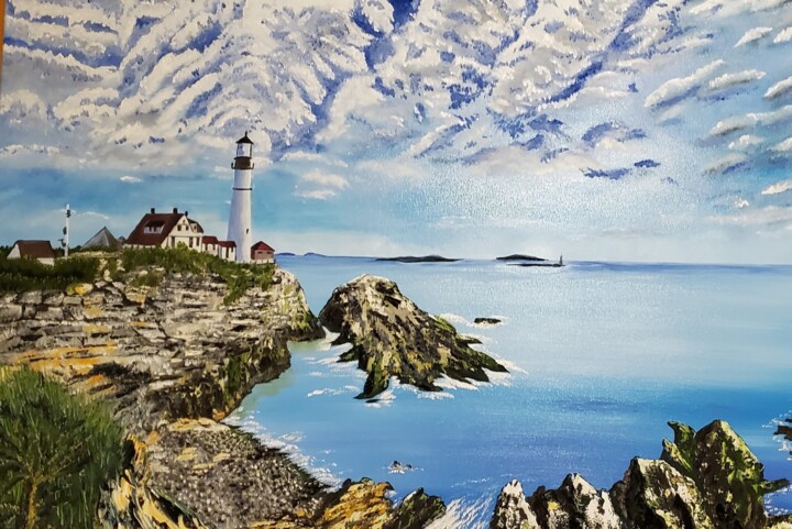 Painting titled "Lighthouse in Maine…" by Mevlida Sofic, Original Artwork, Oil