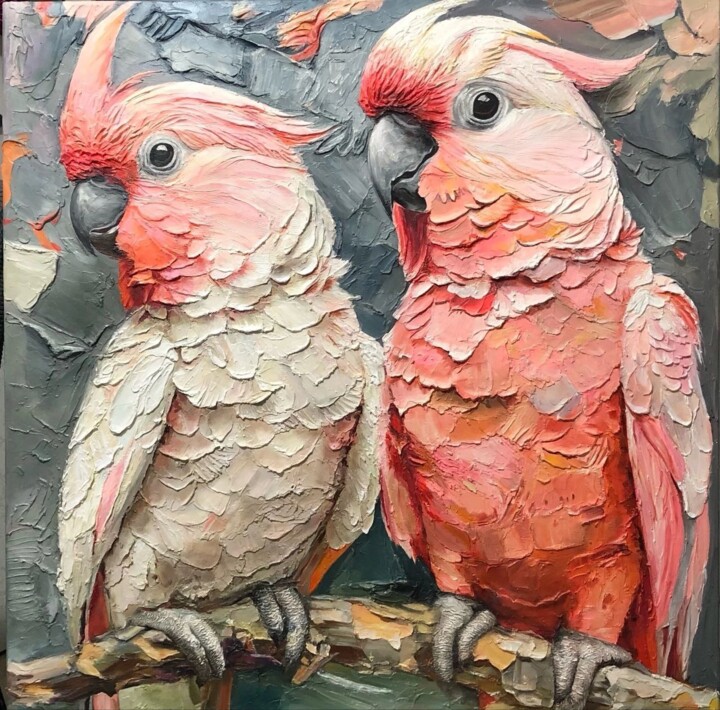 Текстурная картина маслом с попугаями Отражение эмоций Картина, 31,5x31,5 in