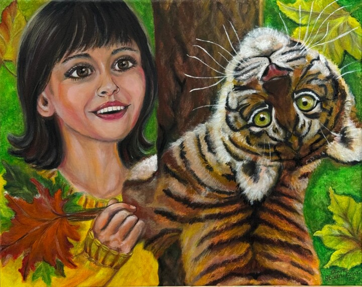 Naughty boy in the autumn park 绘画, 15.8x19.7 in