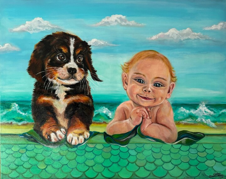 Happy peers on the beach Peinture, 24x30,3 in