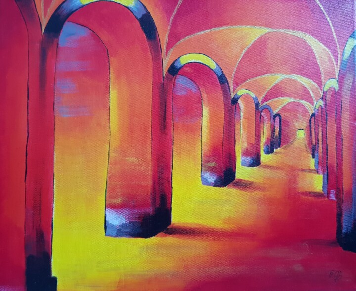 Sous le rouge des arcades (under the red of the arcades) 绘画, 15x18.1 in