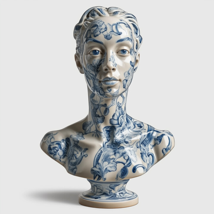 Delftware-Inspired Ceramic Bust with Living Floral Motifs 数字艺术