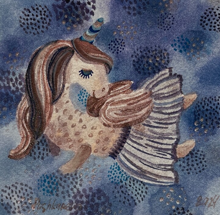 绘画 标题为“Flying Unicorn ( sm…” 由Valentina Pushkareva, 原创艺术品, 水彩