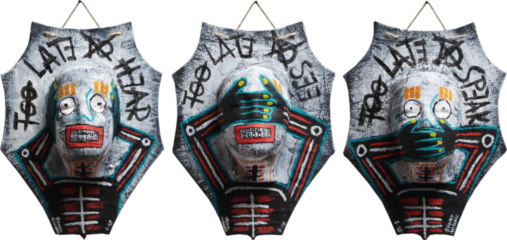 TOO LATE TO HEAR, SEE, SPEAK 雕塑, 16.5x36.6 in