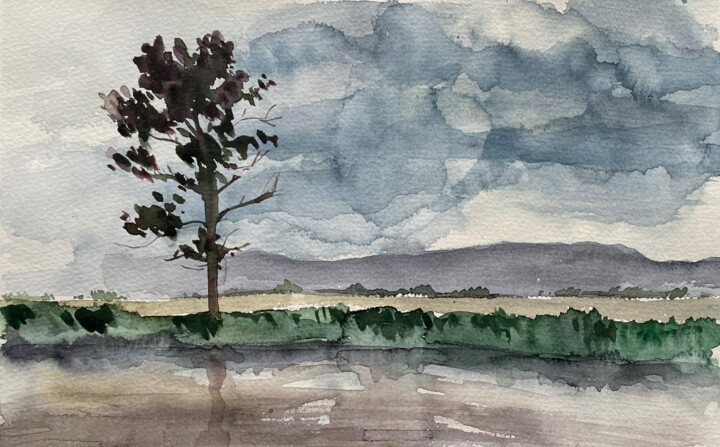 Whispers of the Storm - Rainy Landscape in Watercolor Painting, 8.2x13.2 in