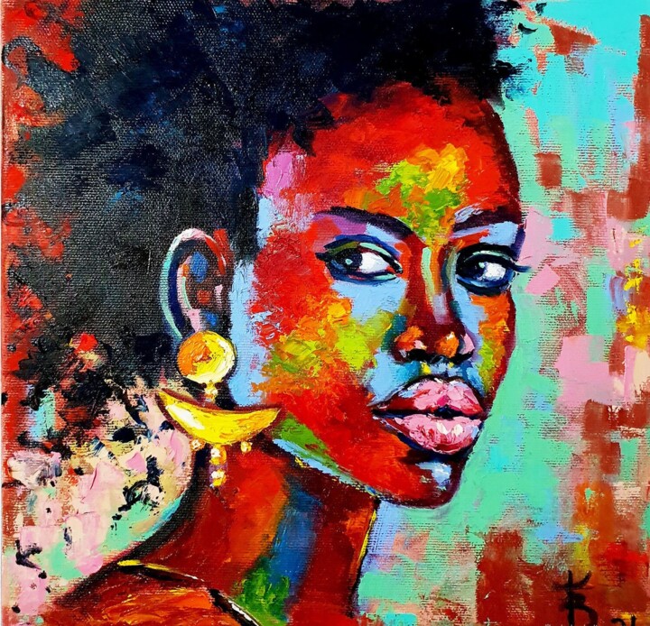Young African woman colorful oil painting Tablo, 12x12 in