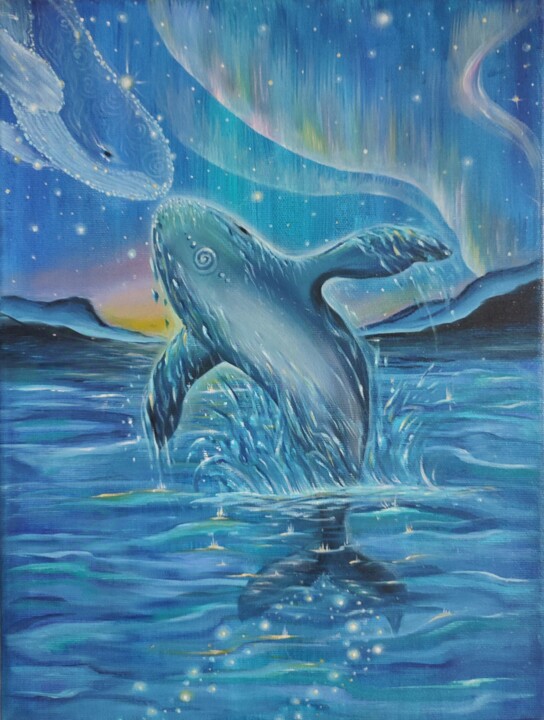 Kissing whales under the night sky 绘画, 15.8x11.8 in