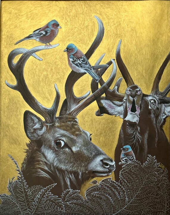 2 cerfs,3 pinsons 绘画, 19.7x15.8 in