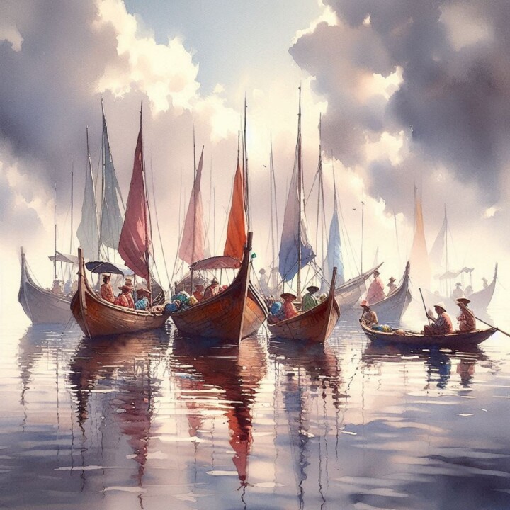 数字艺术 标题为“Sailboats with colo…” 由Shamim Shaikh, 原创艺术品, AI生成的图像