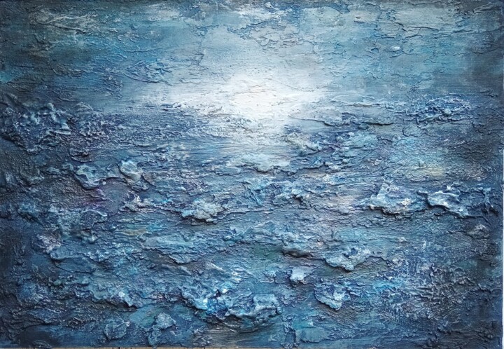 Shining Abstract - Blue Textured Impasto Painting Pittura, 7,9x11,8 in