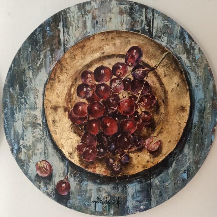 绘画 标题为“Grapes on a golden…” 由Tetyana Donets, 原创艺术品, 油 安装在木质担架架上