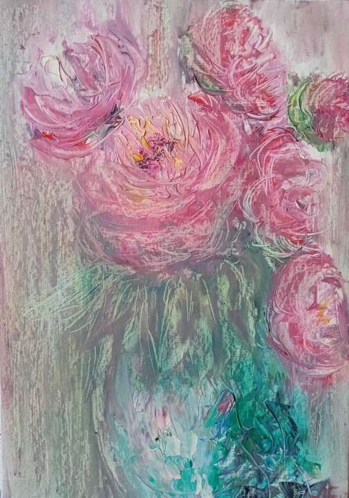 Vibrant Pink Florals in Teal Vase 绘画, 7.9x11.8 in