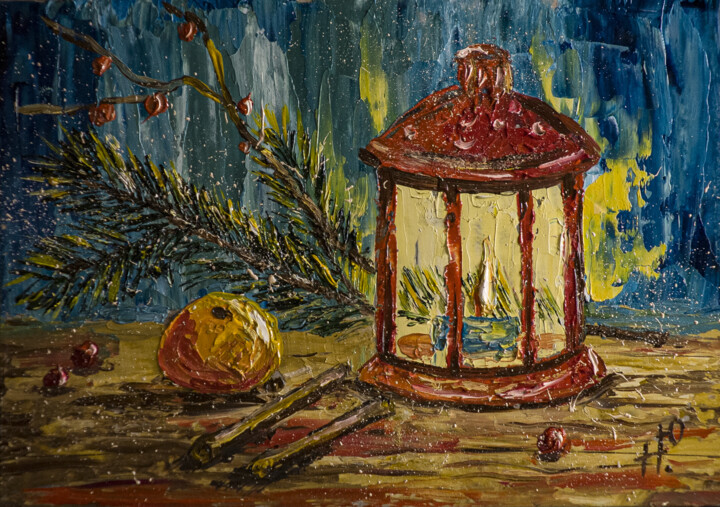 Christmas Still Life with Oil Painting Winter Still 绘画, 4.9x7.1 in