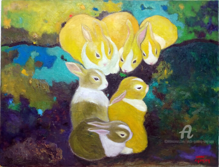 Golden Whispers: A Fairy-Tale Moment with Rabbits 绘画, 16.1x20.9 in