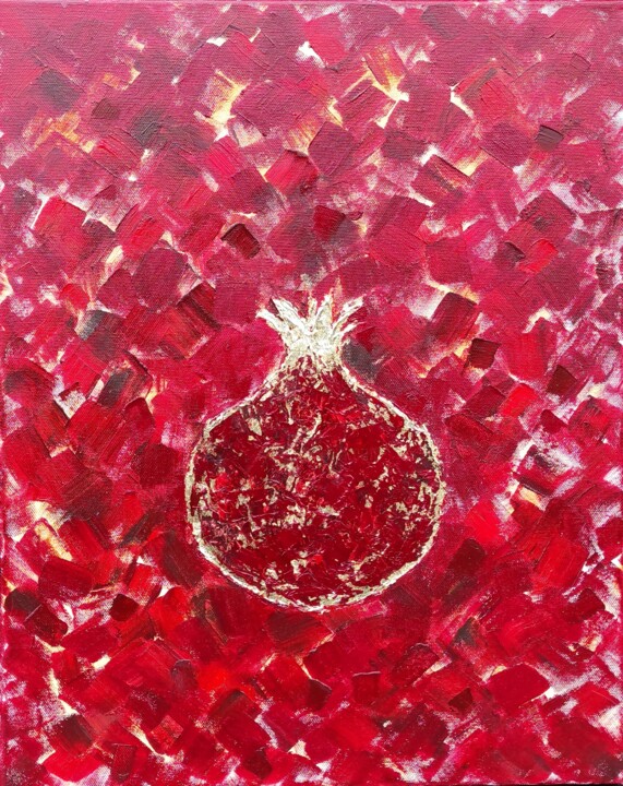 Pomegranate oil painting with golden leaf 绘画, 19.7x15.8 in