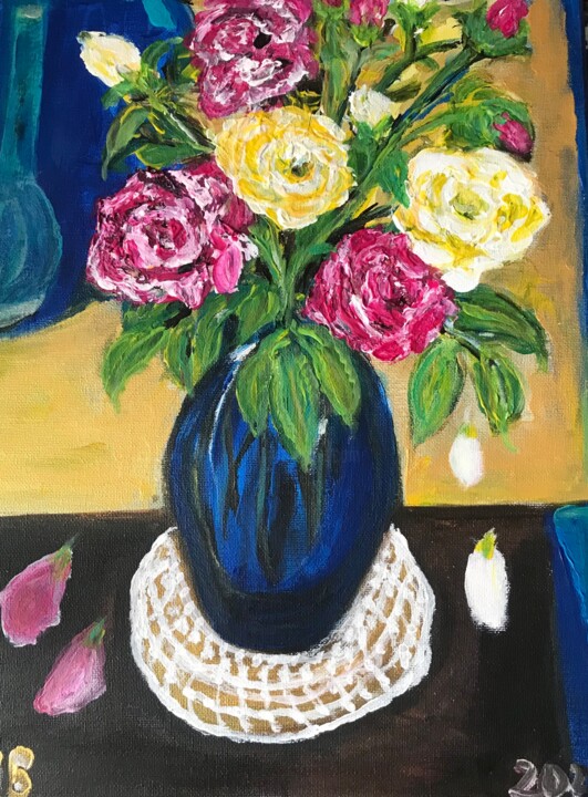 Peinture intitulée "Bouquet de roses ro…" par Maria Helena De  Macedo  Benier, Œuvre d'art originale, Acrylique Monté sur Ch…