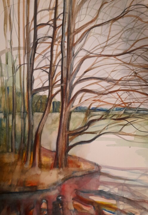 Painting titled "tree branches in au…" by Alexey Zhucovsky, Original Artwork, Watercolor