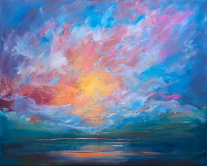 Malerei mit dem Titel "Surfing in neon lig…" von Sophia Kühn, Original-Kunstwerk, Acryl Auf Keilrahmen aus Holz montiert