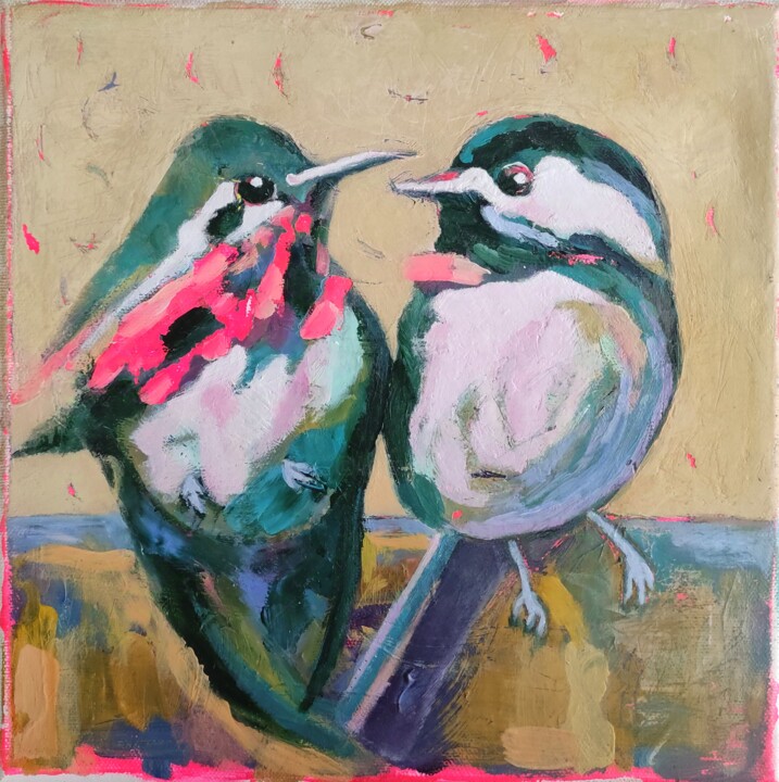 Couple Birds painting 绘画, 9.8x9.8 in