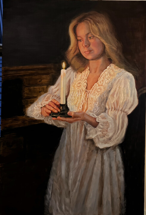 Painting titled "Candle light" by Petra Gruiters, Original Artwork, Oil Mounted on Wood Panel