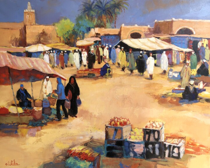 Peinture intitulée "un souk dans le sud…" par Michel Colin, Œuvre d'art originale, Huile Monté sur Châssis en bois