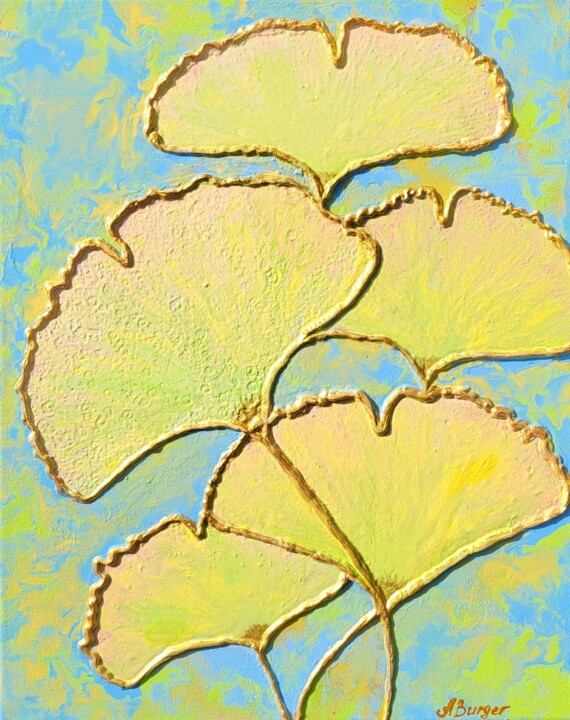 3D Abstract Acrylic Painting of Ginkgo Leaves Tablo, 19,7x15,8 in