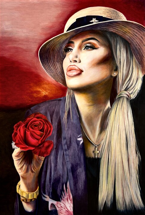 Schilderij getiteld "The rose" door Maria Milanova, Origineel Kunstwerk, Potlood Gemonteerd op Frame voor houten brancard