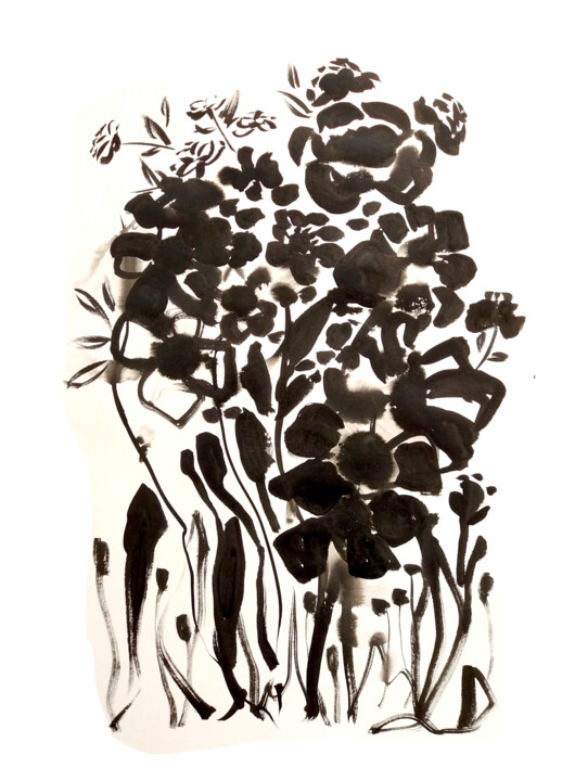 图画 标题为“Black and white flo…” 由Elena Afanaseva, 原创艺术品, 墨