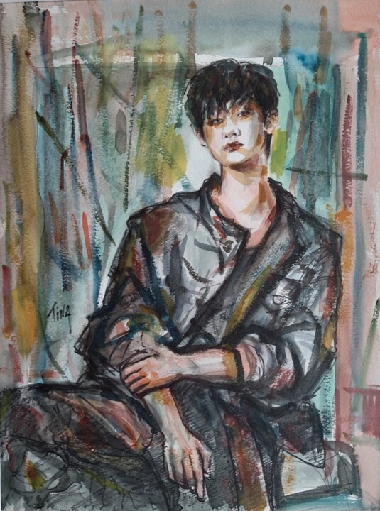 Jeune homme assis 绘画, 15.8x11.8 in