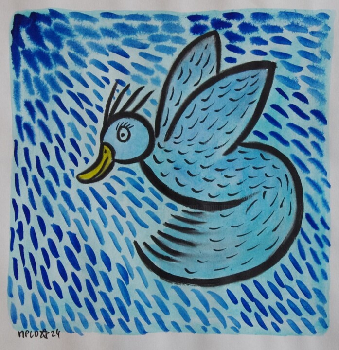 "oiseau bleu sur fond bleu" 绘画, 9.8x9.8 in