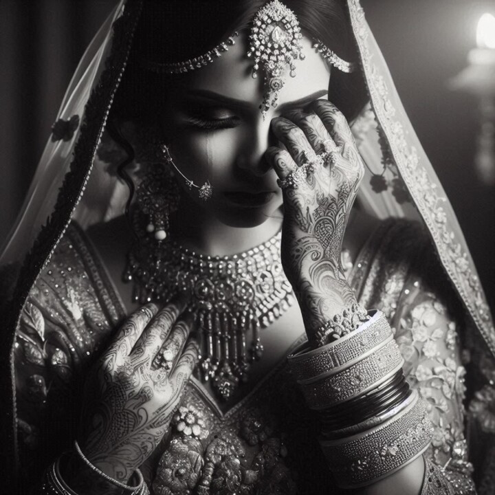 A woman adorned in intricate bridal jewelry and traditional 数字艺术