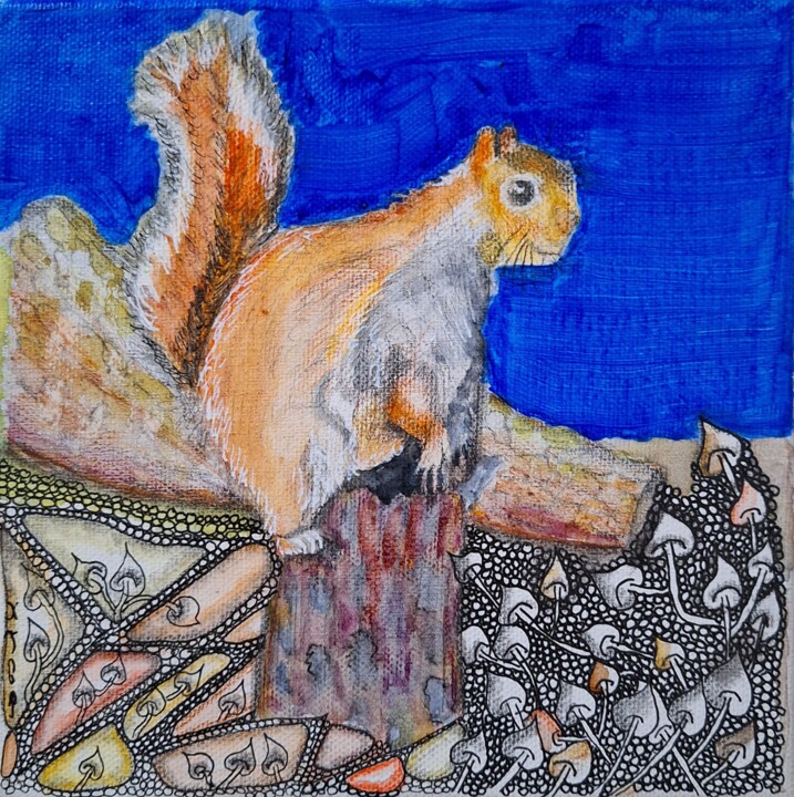 Painting titled "L'écureuil roux" by Pascale Coutoux, Original Artwork, Acrylic Mounted on Wood Stretcher frame