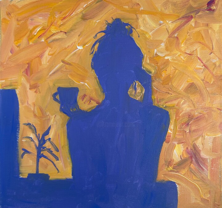 girls with coffee. shadows 绘画, 9.8x9.8 in