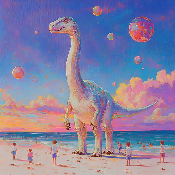 Whimsical Dinosaur Beach Scene 数字艺术