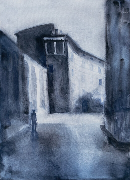 «A lonely walk» – black and white watercolor Painting, 19.7x14.1 in