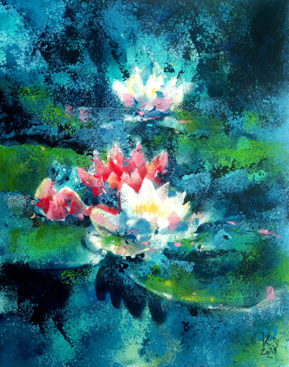 "Lotuses on the pond. Impression." 绘画, 15.4x12 in