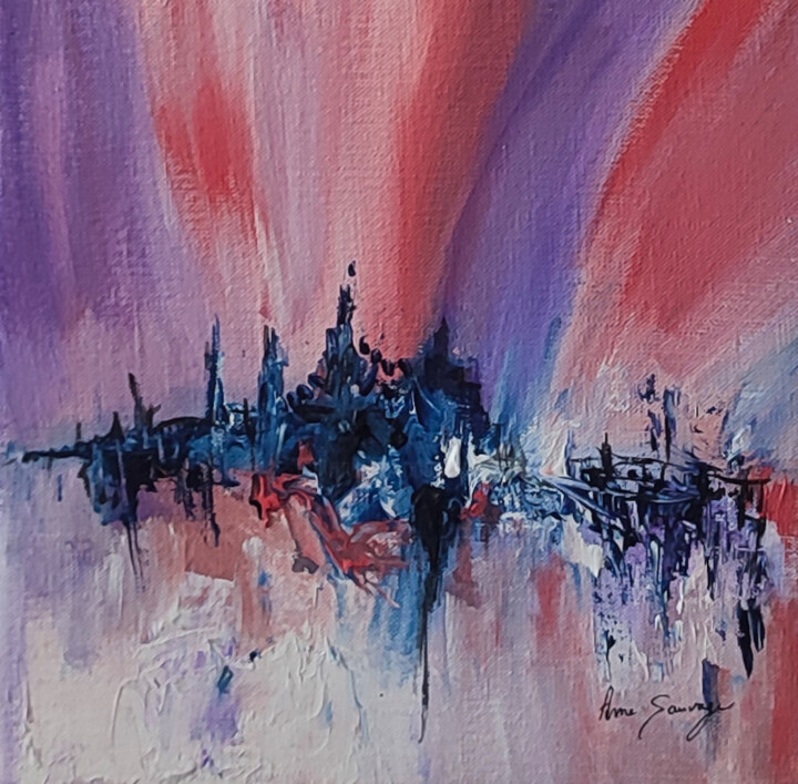 Le début du jour - tableau abstrait rouge violet Sculptuur, 7,9x7,9 in