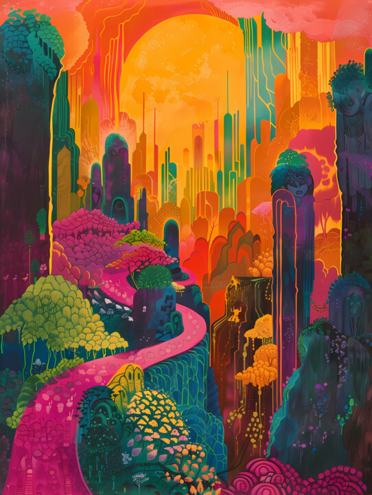Digital Arts titled "Sunset Dreamscape" by Claire Step, Original Artwork, Digital Painting