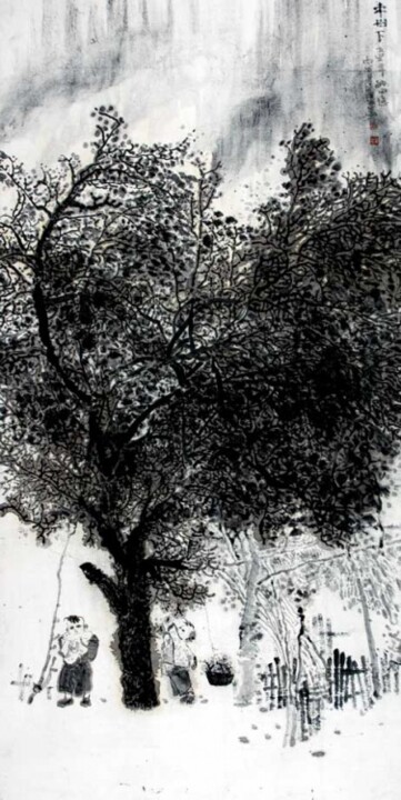 Peinture intitulée "张东林作品：两小无猜" par Dong Lin Zhang, Œuvre d'art originale, Huile
