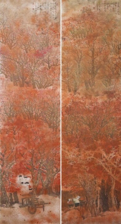 Painting titled "张东林双屏彩墨人物画作品：金秋图" by Dong Lin Zhang, Original Artwork, Oil