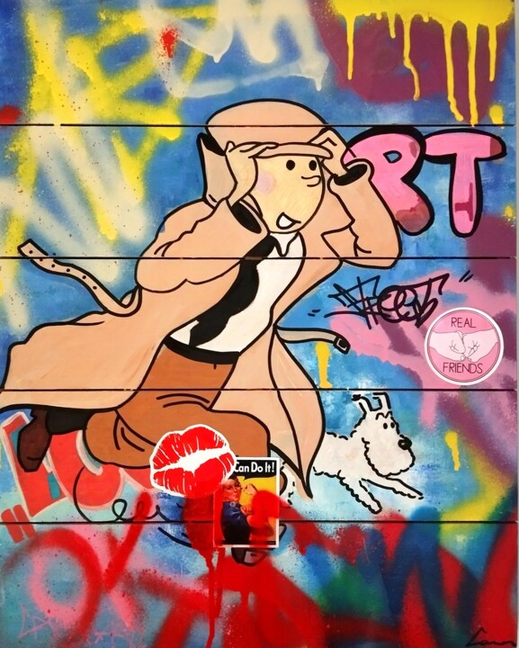 Street art Tintin et Milou 绘画, 19.7x15.8 in