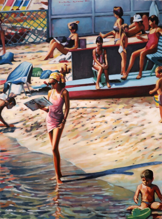 Painting titled "Reading at the beach" by Thomas Saliot, Original Artwork, Oil