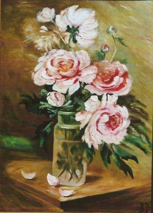 PIVOINES DANS UN POT EN VERRE 绘画, 18.1x13 in