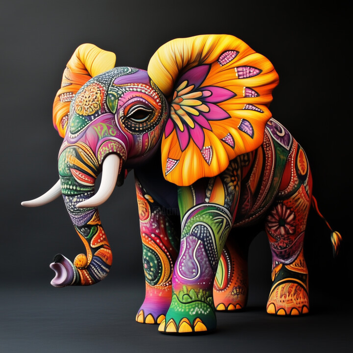 Sunburst Elegance: Alebrije Elephant in Paisley Splendor 数字艺术