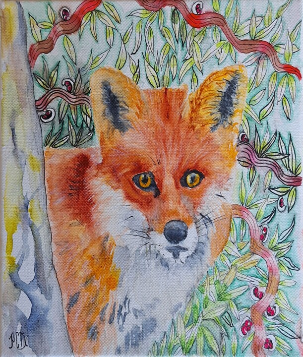 Malerei mit dem Titel "Renard roux" von Pascale Coutoux, Original-Kunstwerk, Aquarell Auf Keilrahmen aus Holz montiert