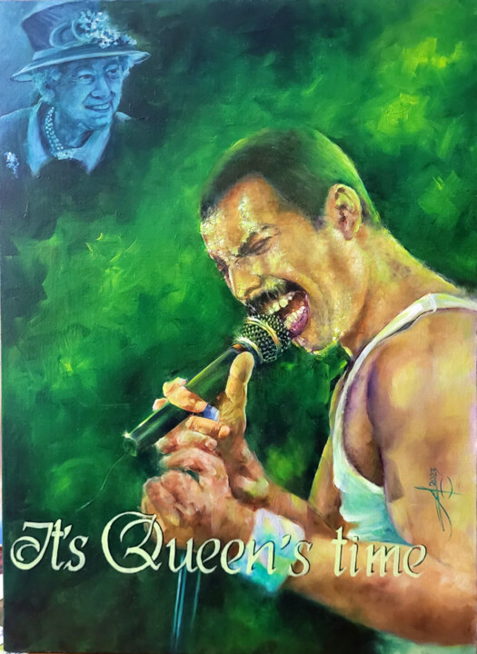 Schilderij getiteld "It`s Queen`s time" door Aleks Bondar, Origineel Kunstwerk, Olie Gemonteerd op Frame voor houten brancard