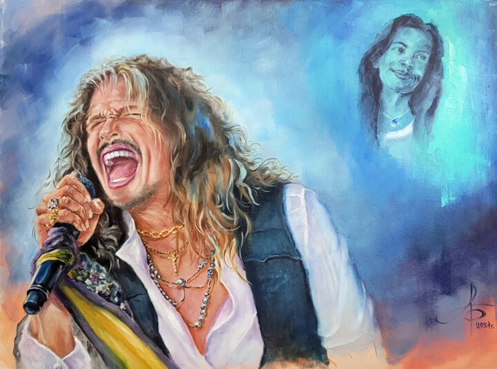 Schilderij getiteld "Steve Tyler, Crazy" door Aleks Bondar, Origineel Kunstwerk, Olie Gemonteerd op Frame voor houten branca…