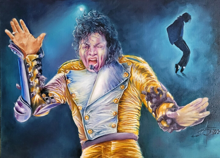 Schilderij getiteld "Michael Jackson" door Aleks Bondar, Origineel Kunstwerk, Olie Gemonteerd op Frame voor houten brancard