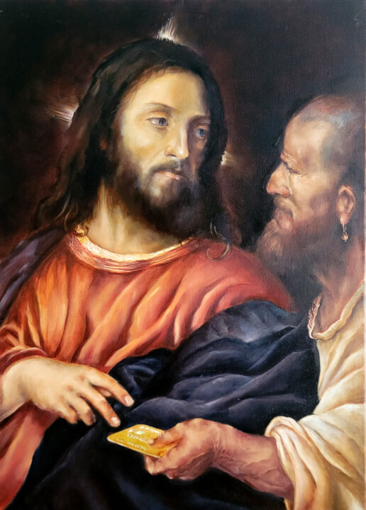 Schilderij getiteld "Jesus&pharisee" door Aleks Bondar, Origineel Kunstwerk, Olie Gemonteerd op Frame voor houten brancard
