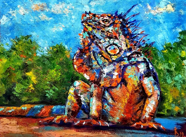 Colorful Iguana oil painting on canvas 绘画, 12x16 in